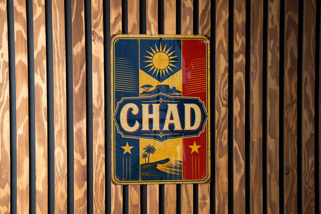 A vintage metal sign with the word "CHAD" prominently displayed, featuring a sun and palm tree design, mounted on a wooden wall.