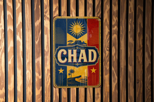 A vintage metal sign with the word "CHAD" prominently displayed, featuring a sun and palm tree design, mounted on a wooden wall.