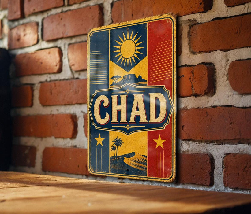 A vintage-style metal sign with a sun and palm tree design, mounted on a brick wall.