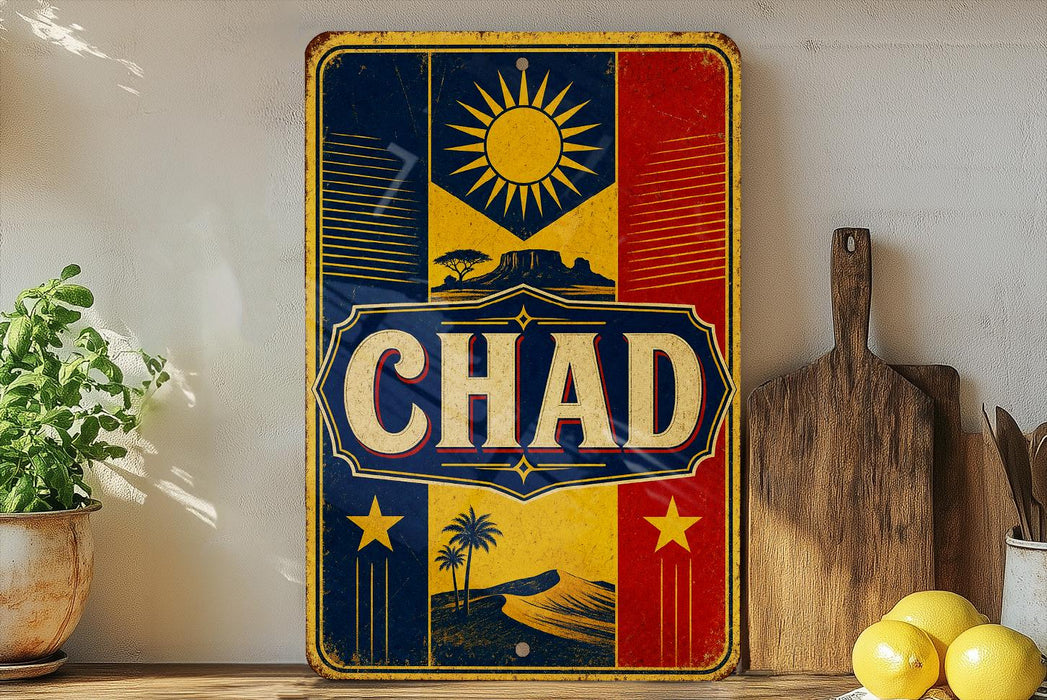 a vintage-style sign with the word "CHAD" prominently displayed, surrounded by various decorative elements such as a sun, palm trees, and stars.