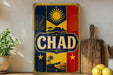 a vintage-style sign with the word "CHAD" prominently displayed, surrounded by various decorative elements such as a sun, palm trees, and stars.