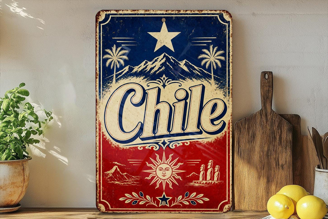 A vintage-style metal sign with the word "Chile" prominently displayed, featuring a star, palm trees, mountains, and a sun. The sign is placed on a shelf next to a wooden cutting board and some potted plants.