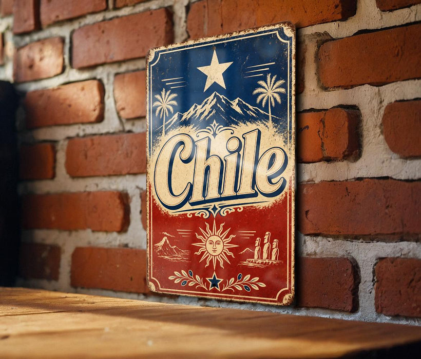 A vintage metal sign with the word "Chile" prominently displayed, featuring a sun and palm trees, against a brick wall background.