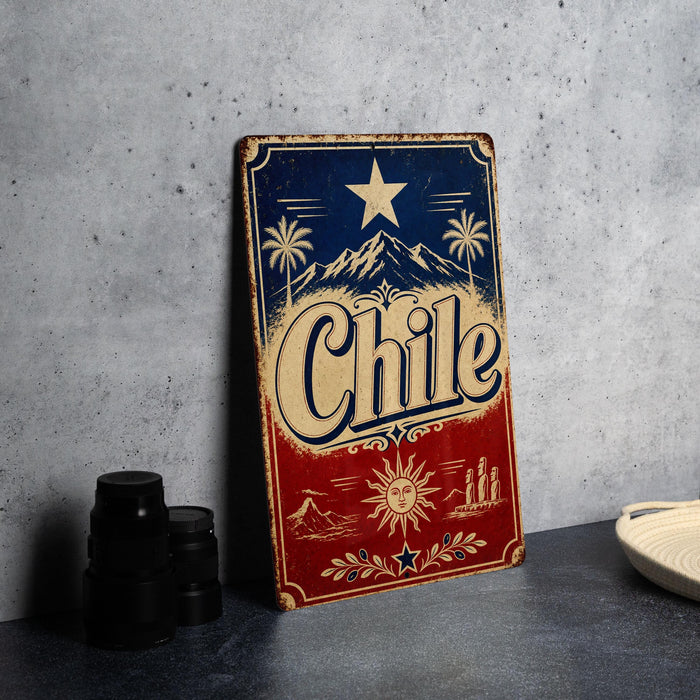 A vintage-style metal sign with the word "Chile" prominently displayed, featuring a red, white, and blue color scheme with a star and palm trees. The sign is placed on a gray surface, with a stack of black camera lenses and a white dish visible in the background.