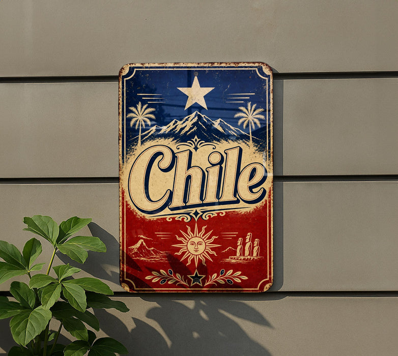 A vintage-style metal sign with the word "Chile" prominently displayed, featuring a star, palm trees, and mountains in the background.