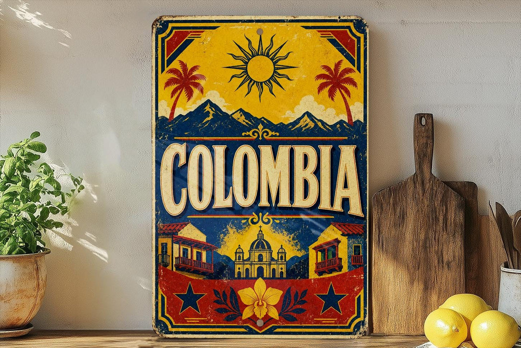 a vintage-style sign with the word "COLOMBIA" prominently displayed, surrounded by various decorative elements such as a sun, palm trees, mountains, and a building. The sign is placed on a shelf next to a wooden cutting board and a potted plant, creating a visually appealing and colorful display.
