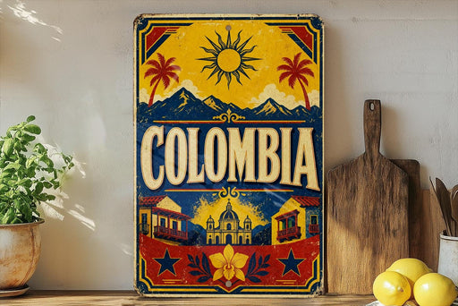 a vintage-style sign with the word "COLOMBIA" prominently displayed, surrounded by various decorative elements such as a sun, palm trees, mountains, and a building. The sign is placed on a shelf next to a wooden cutting board and a potted plant, creating a visually appealing and colorful display.