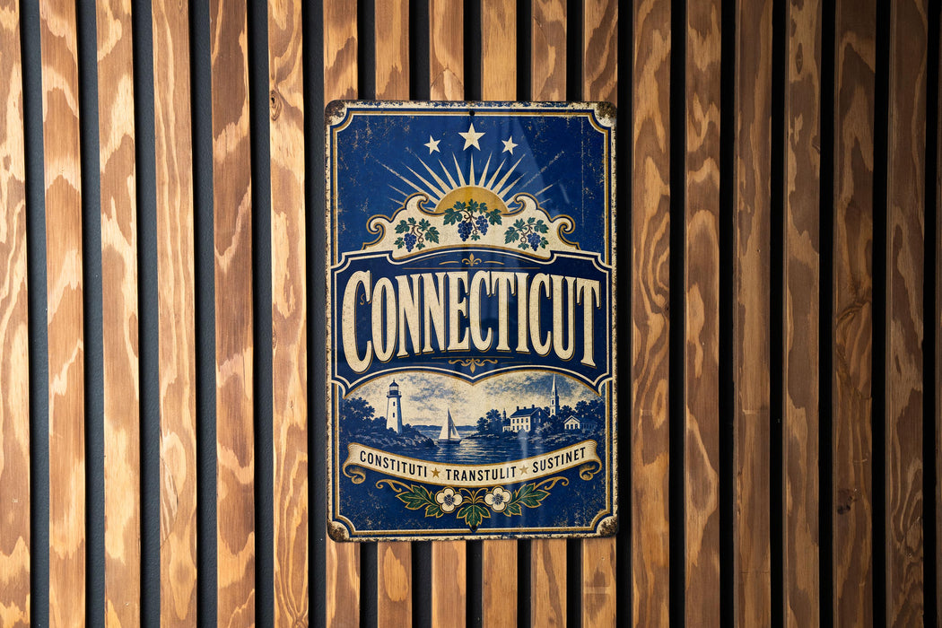A vintage metal sign with the word "Connecticut" displayed prominently, mounted on a wooden wall.
