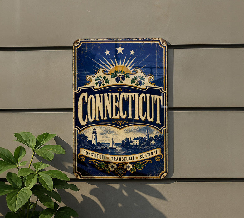 A vintage metal sign with the word "Connecticut" displayed prominently, featuring a lighthouse and other scenic elements.