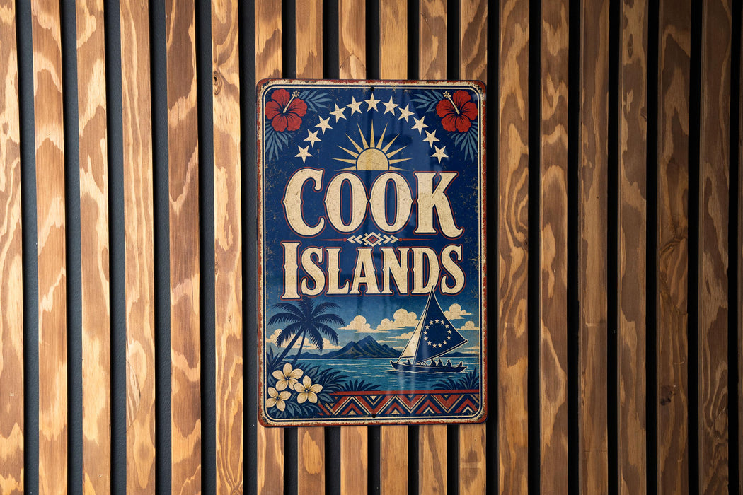 A vintage-style sign that reads "COOK ISLANDS" is displayed on a wooden wall.