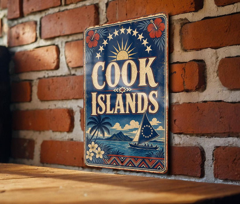 A vintage-style sign for Cook Islands, featuring a sailboat and tropical landscape, is displayed on a brick wall.