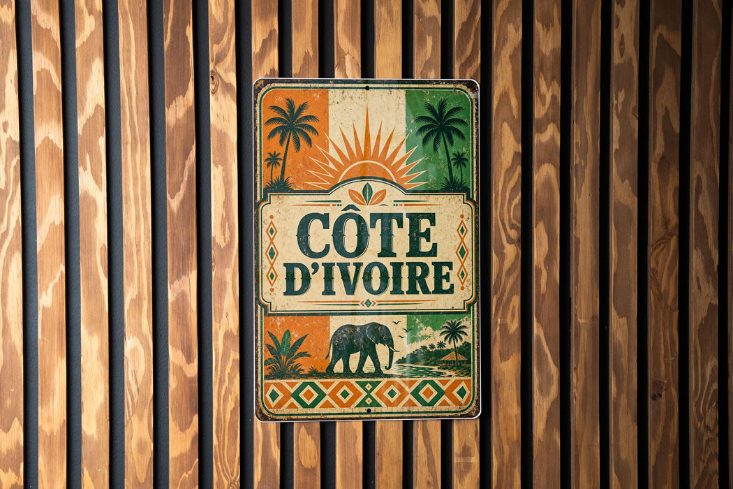 a vintage-style sign with a tropical theme, hanging on a wooden wall.