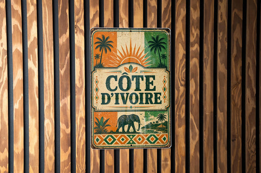 a vintage-style sign with a tropical theme, hanging on a wooden wall.