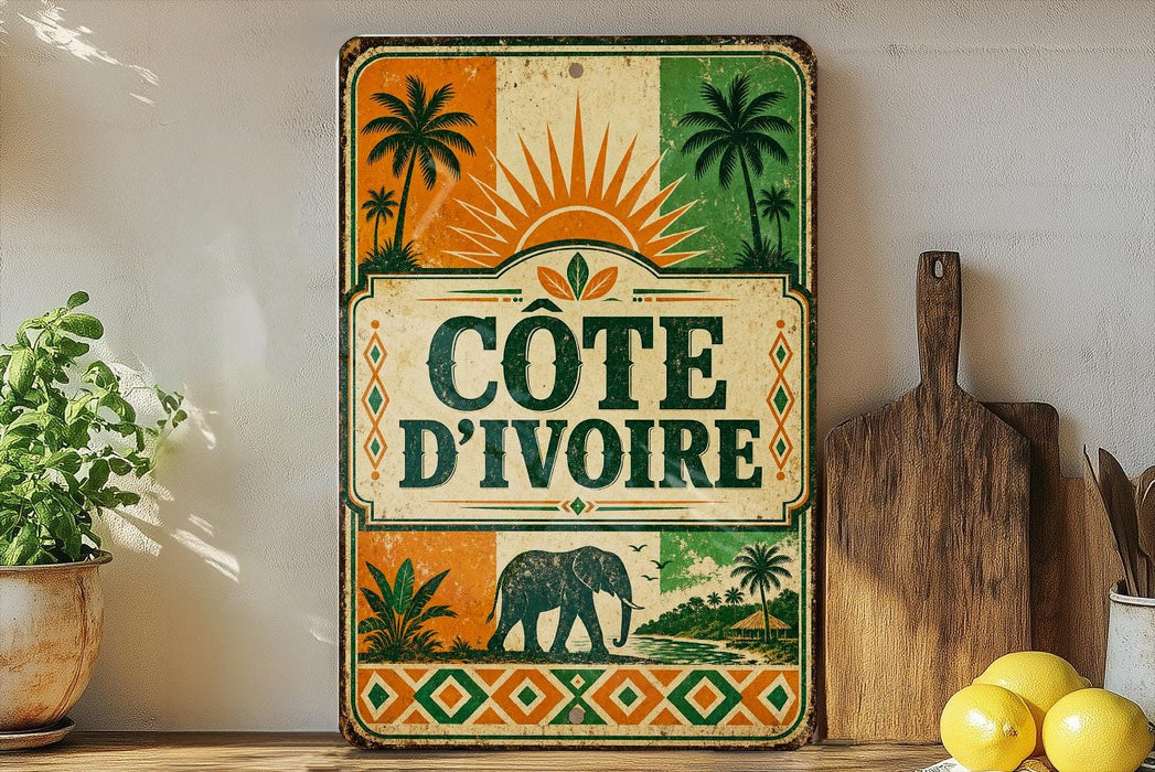 a vintage-style sign with a tropical theme, including palm trees and a sun, mounted on a wall next to a wooden cutting board and some potted plants.