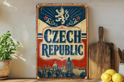 A vintage-style sign for the Czech Republic, featuring a lion and a castle, is displayed on a shelf next to a wooden cutting board and some lemons.