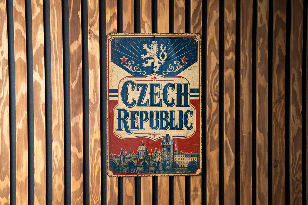 A vintage-style metal sign with the text "Czech Republic" displayed prominently, featuring a lion and a castle-like structure.