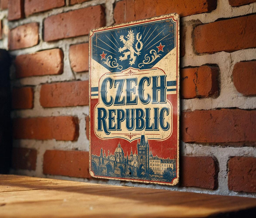A vintage-style metal sign with the text "Czech Republic" displayed prominently, mounted on a brick wall.