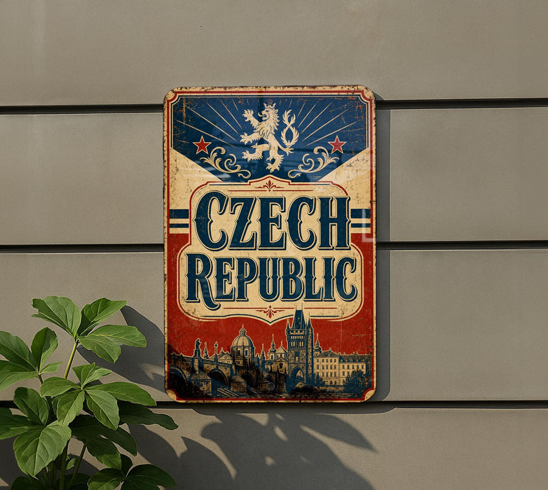 A vintage-style sign for the Czech Republic, featuring a lion and a castle, is displayed on a wall.