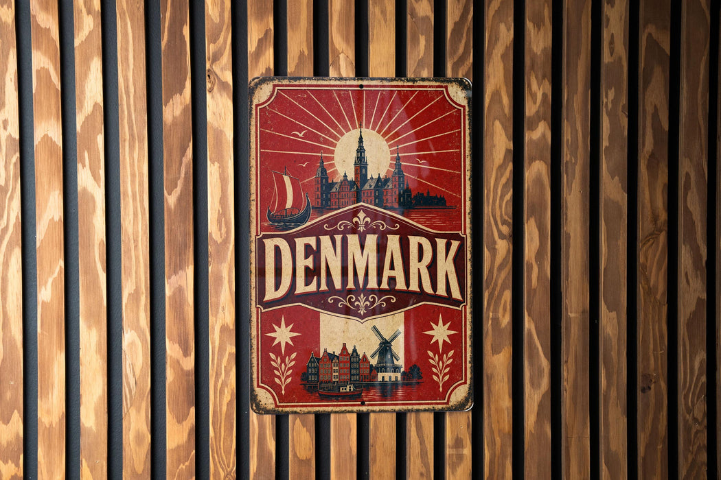 A vintage metal sign with the word "DENMARK" prominently displayed, featuring a red background with a sunburst design and various landmarks.