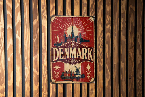A vintage metal sign with the word "DENMARK" prominently displayed, featuring a red background with a sunburst design and various landmarks.