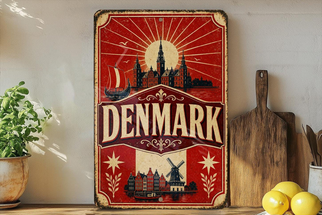 A vintage-style metal sign with a red and white color scheme, featuring a depiction of Denmark and its landmarks, such as windmills and a castle, along with decorative elements like stars and flowers.