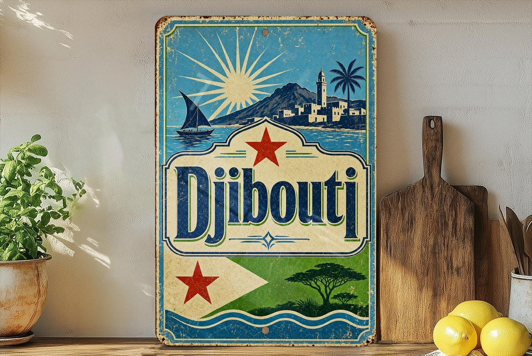 A vintage-style sign with a blue background and a white border, featuring illustrations of a sailboat, a lighthouse, and a palm tree, along with the text "Djibouti" prominently displayed.