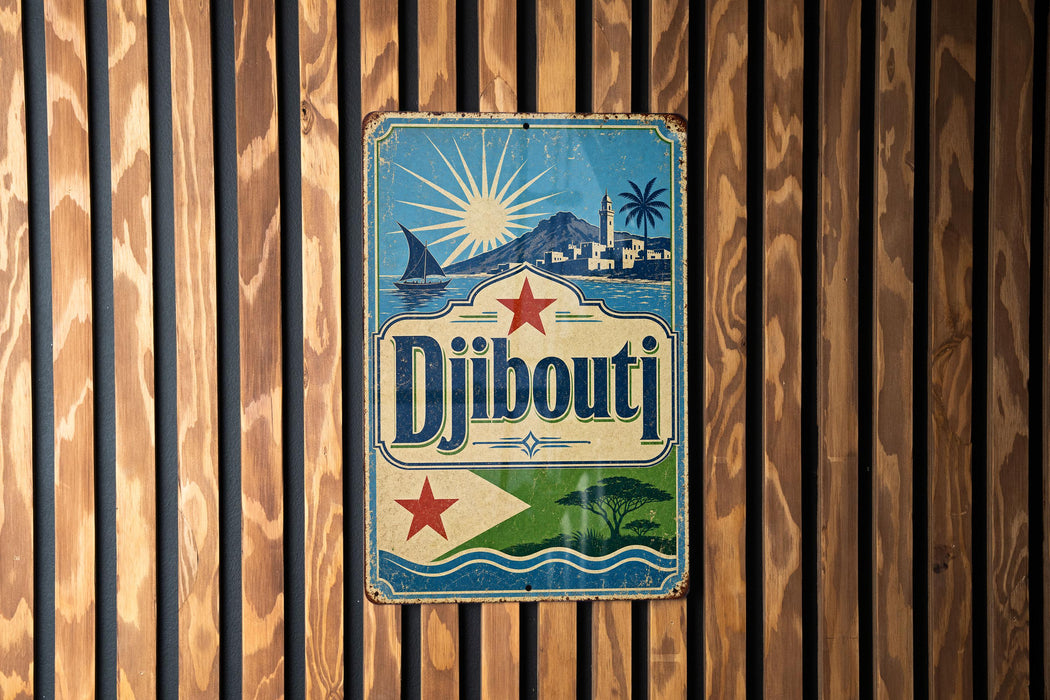 A vintage-style metal sign with the word "Djibouti" displayed prominently, featuring a sailboat, palm trees, and a mountain landscape.