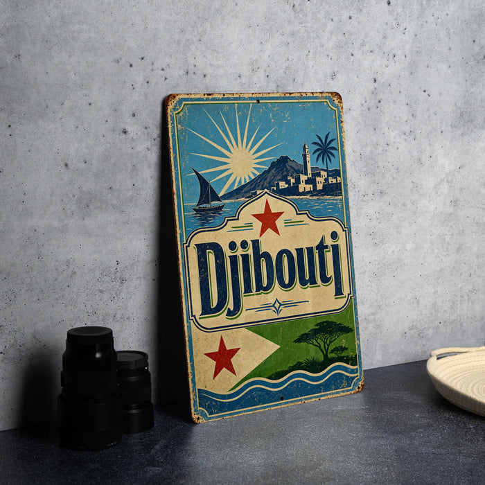 A vintage-style metal sign with the text " Djibouti" prominently displayed, featuring a sailboat, palm trees, and a mountain landscape.