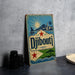 A vintage-style metal sign with the text " Djibouti" prominently displayed, featuring a sailboat, palm trees, and a mountain landscape.