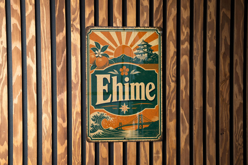 A vintage-style metal sign with the word "Ehime" displayed prominently in the center, surrounded by various decorative elements such as a sun, flowers, and a bridge.