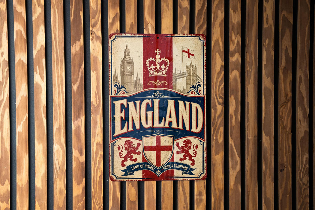 A vintage metal sign with the word "ENGLAND" prominently displayed, featuring a red and white color scheme and a shield with a lion and a crown.