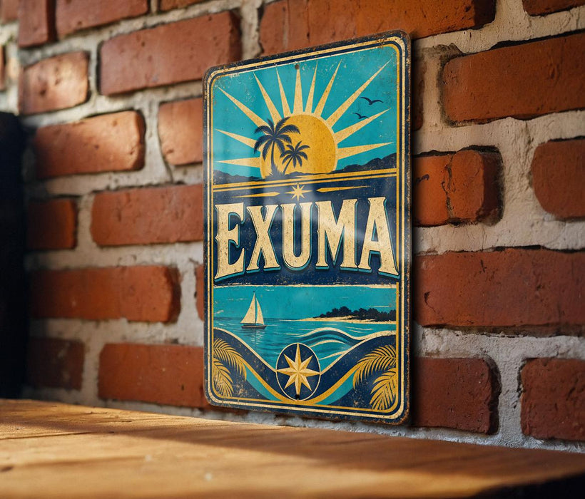 A vintage metal sign with a tropical beach scene and palm trees, featuring the word "EXUMA" prominently displayed.