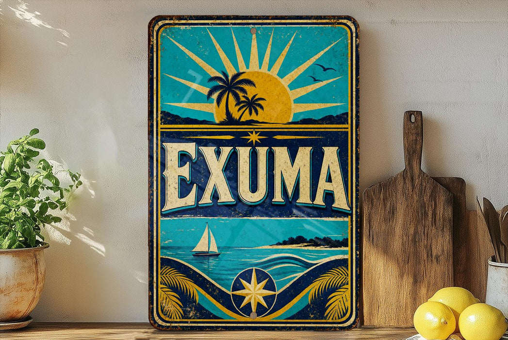A vintage-style metal sign with a tropical beach scene and palm trees, featuring the word "EXUMA" prominently displayed.