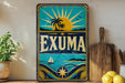 A vintage-style metal sign with a tropical beach scene and palm trees, featuring the word "EXUMA" prominently displayed.