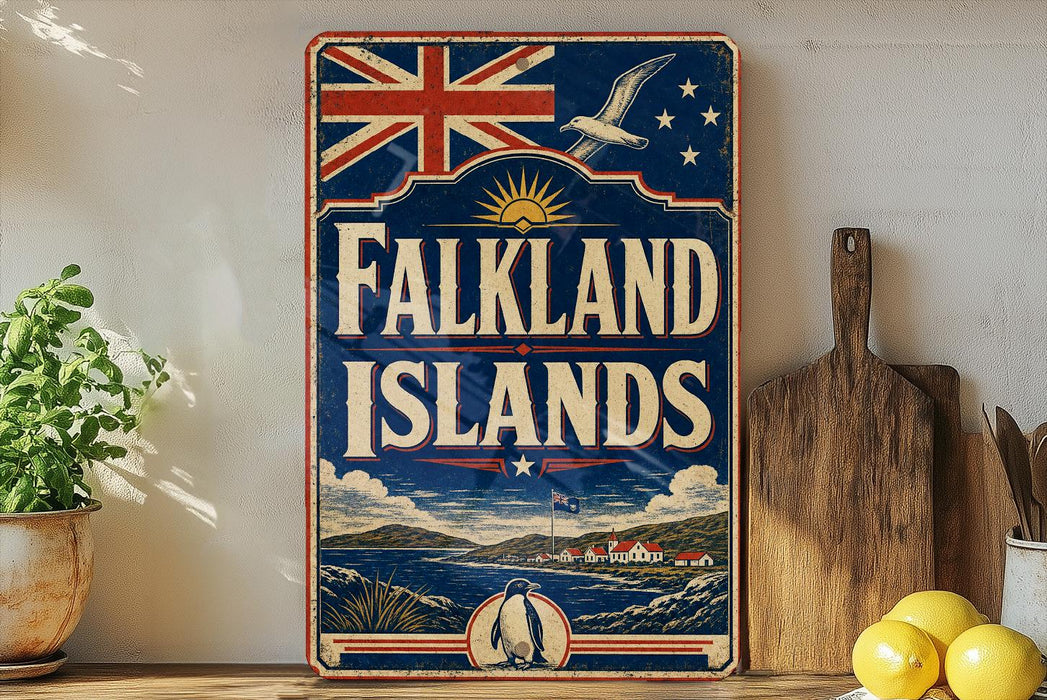 A vintage-style sign for Falkland Islands, featuring a Union Jack flag, a penguin, and a scenic landscape.