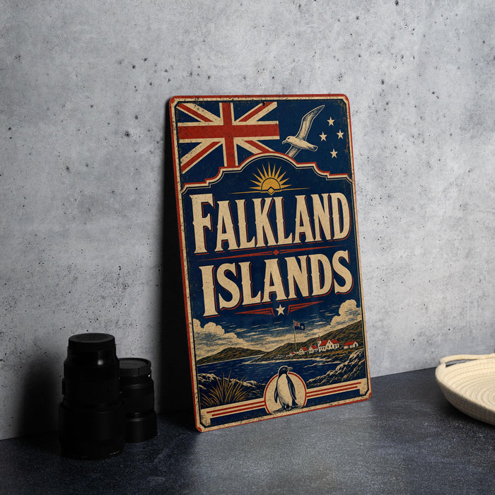 A vintage-style metal sign with the text "Falkland Islands" and a Union Jack flag, along with a seagull and other nautical elements, is displayed on a gray countertop.