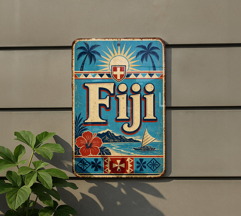 A vintage-style sign with the word "Fiji" prominently displayed, featuring a tropical island, palm trees, and a sailboat.