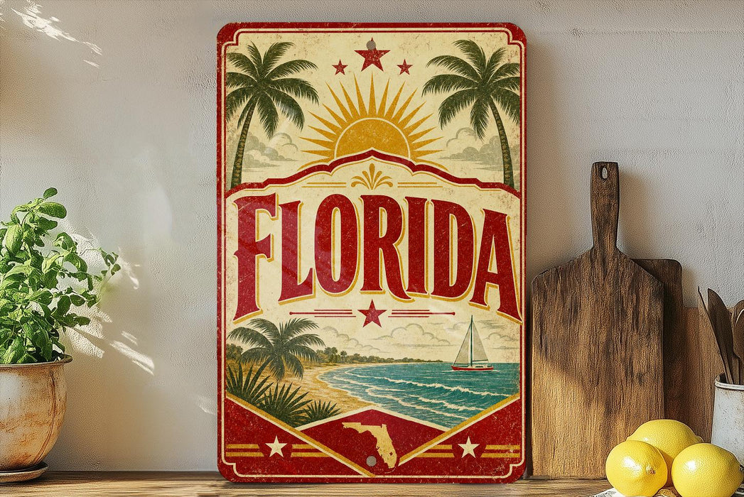 A vintage-style sign with the word "FLORIDA" prominently displayed, featuring palm trees, a sailboat, and a beach scene. The sign is placed on a shelf next to a wooden cutting board and some kitchen utensils, with a potted plant and a lemon visible in the background.