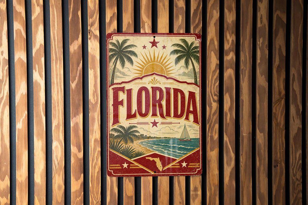 A vintage-style metal sign with the word "FLORIDA" prominently displayed, featuring palm trees, a sun, and a sailboat, all set against a tropical beach backdrop.