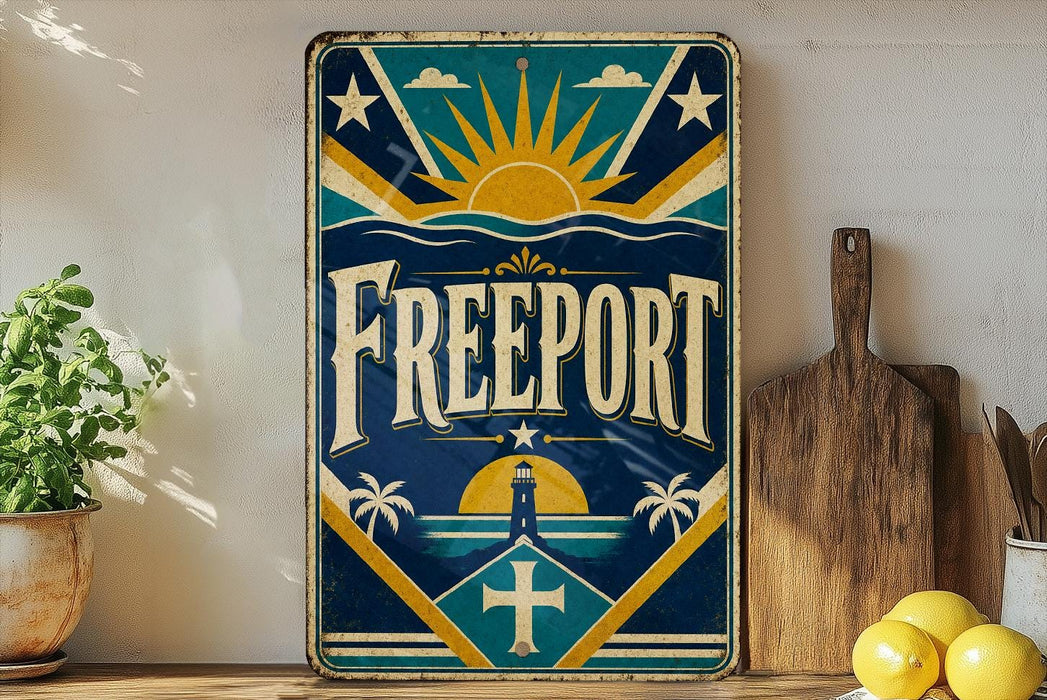 a vintage-style sign with the word "FREEPORT" prominently displayed, surrounded by various decorative elements such as a sun, palm trees, and a lighthouse.