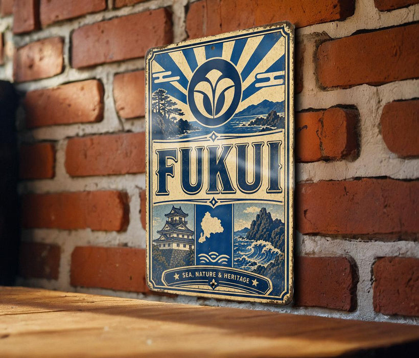 a vintage-style metal sign with a blue and white color scheme, mounted on a brick wall.