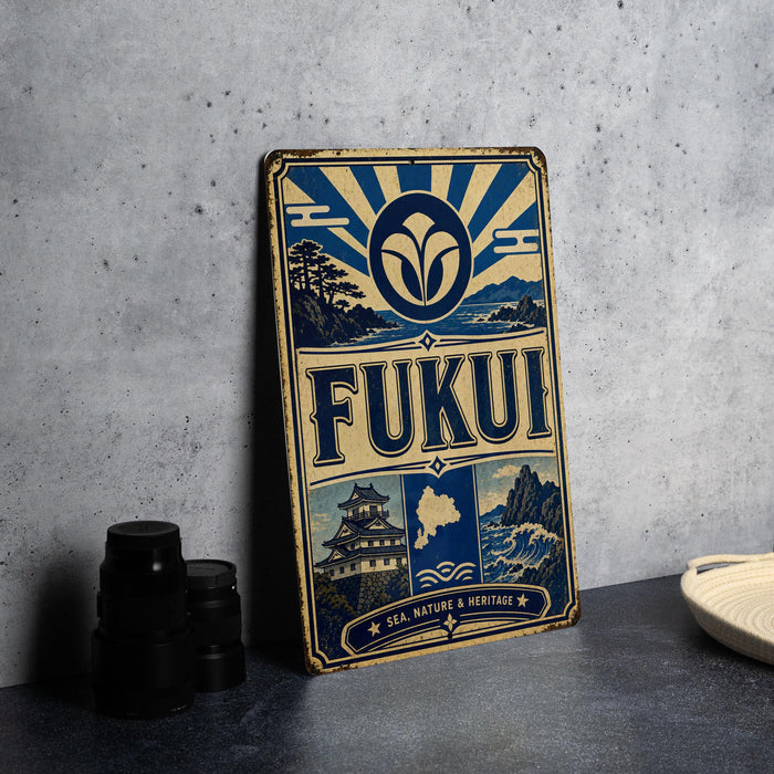 a vintage-style metal sign with a blue and white color scheme, displaying the word "FUKUI" prominently. The sign also includes a small illustration of a castle and a wave, adding to its decorative design. The sign is placed on a gray countertop, with a stack of black camera lenses and a white plate visible in the background.