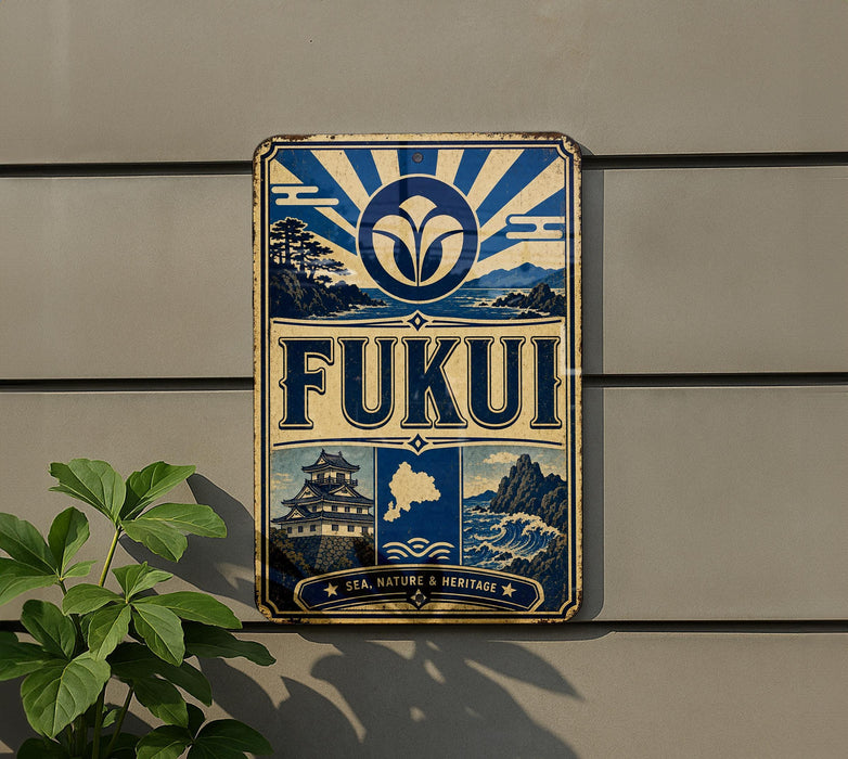 a vintage-style sign with a blue and white color scheme, mounted on a wall.