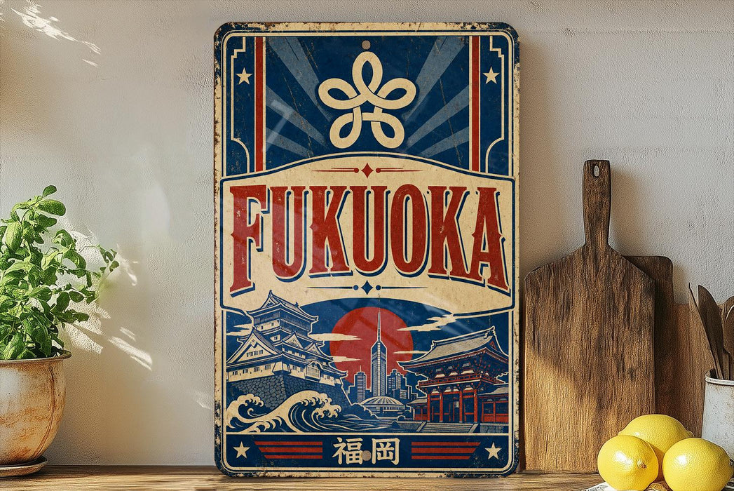a vintage-style sign for Fukuoka, with a blue and red color scheme and a Japanese-style illustration of a temple and waves. The sign is displayed on a shelf next to a wooden cutting board and some potted plants.