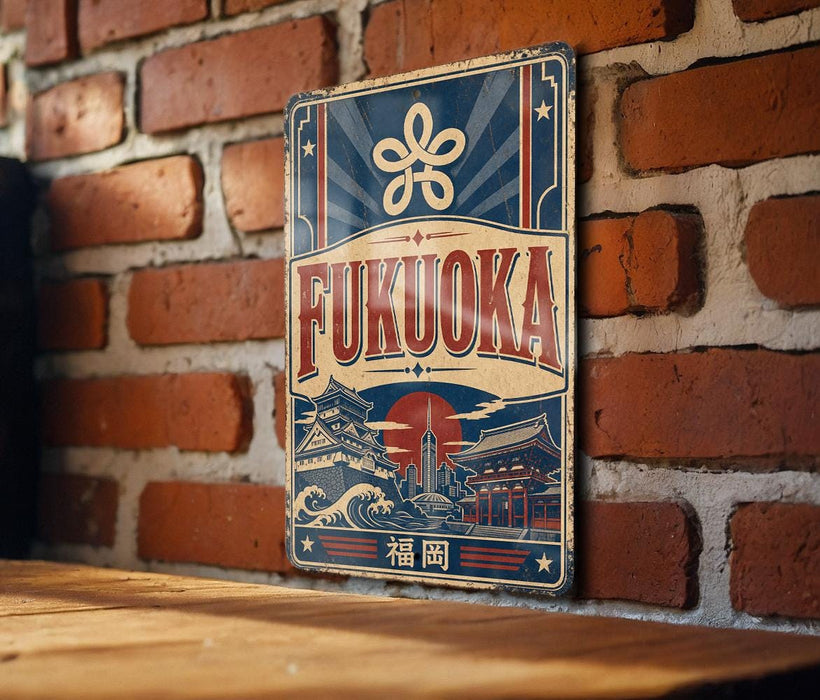 a vintage-style sign with the name "FUKUOKA" displayed prominently. The sign is mounted on a brick wall, and there is a wooden table in the foreground.