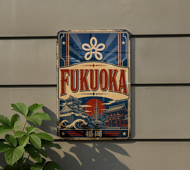 a vintage-style sign with the word "FUKUOKA" prominently displayed, along with a Japanese temple and other cultural elements. The sign is mounted on a wall, and there is a plant visible to the left of the sign.