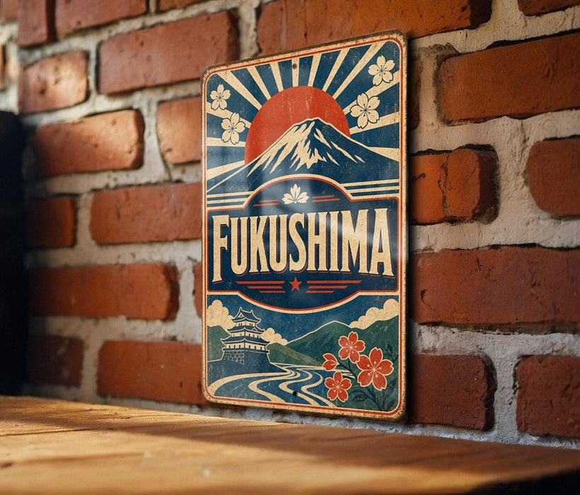 A vintage metal sign with a mountain and sun design, mounted on a brick wall.