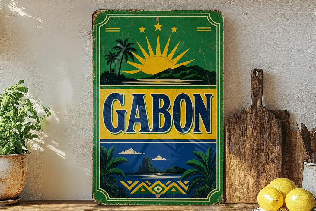 a vintage-style sign with a tropical design, including palm trees, mountains, and a sun, along with the word "GABON" prominently displayed.