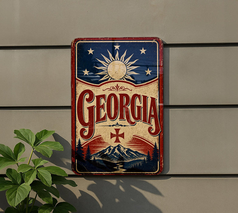 A vintage-style metal sign with the word "Georgia" prominently displayed, featuring a sun and stars design, against a gray wall.