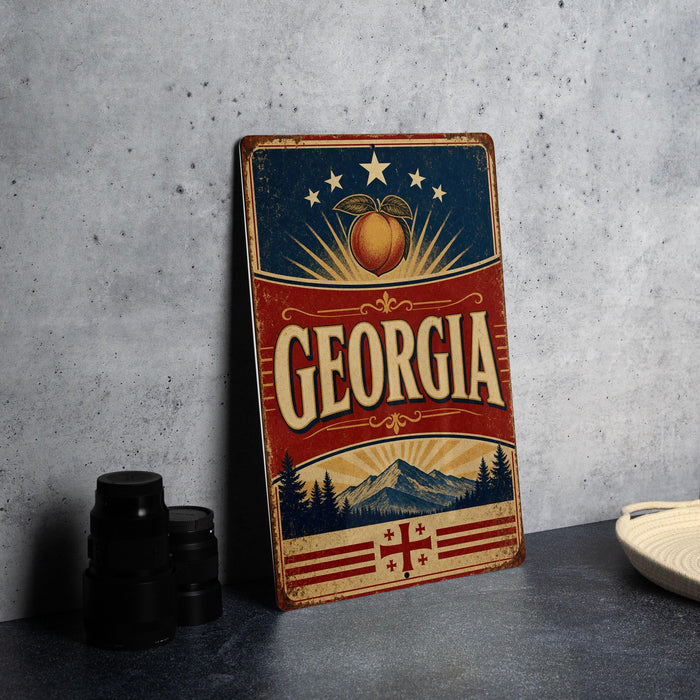 A vintage-style metal sign with the word "GEORGIA" prominently displayed, featuring a peach and stars, is leaning against a concrete wall.